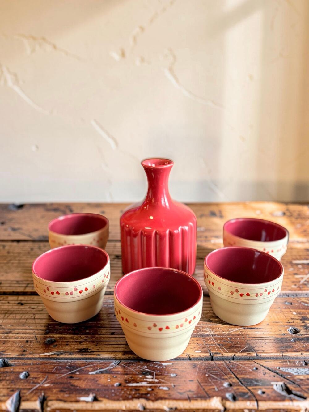 Vintage Ceramic Decanter & 5 Matching Cups Decanter Set | Rustic Barware